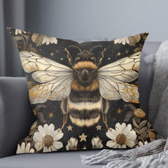 Golden Bee Pillow, Vintage Garden Cushion, Bumblebee Floral Throw Pillow, Nature-Inspired Gold Botanical Pillowcase, Cottagecore Decor