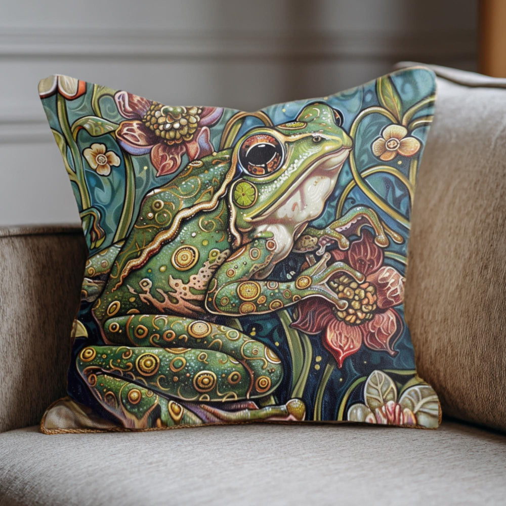 Whimsical Frog Pillow, Botanical Garden Cushion, Forest Nature Inspired Throw Pillow, William Morris Frog Pillowcase, Animal Couch Accent