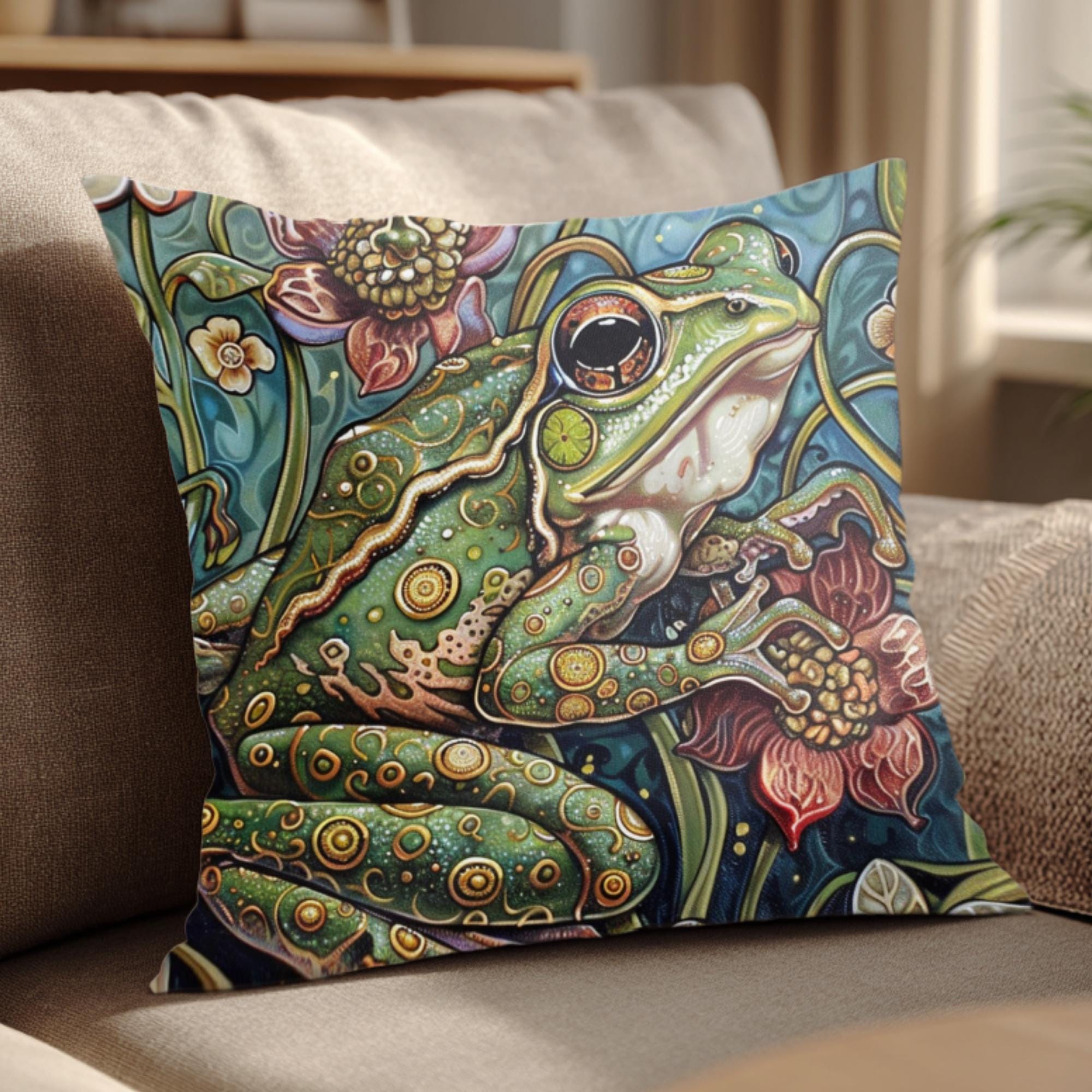 Whimsical Frog Pillow, Botanical Garden Cushion, Forest Nature Inspired Throw Pillow, William Morris Frog Pillowcase, Animal Couch Accent