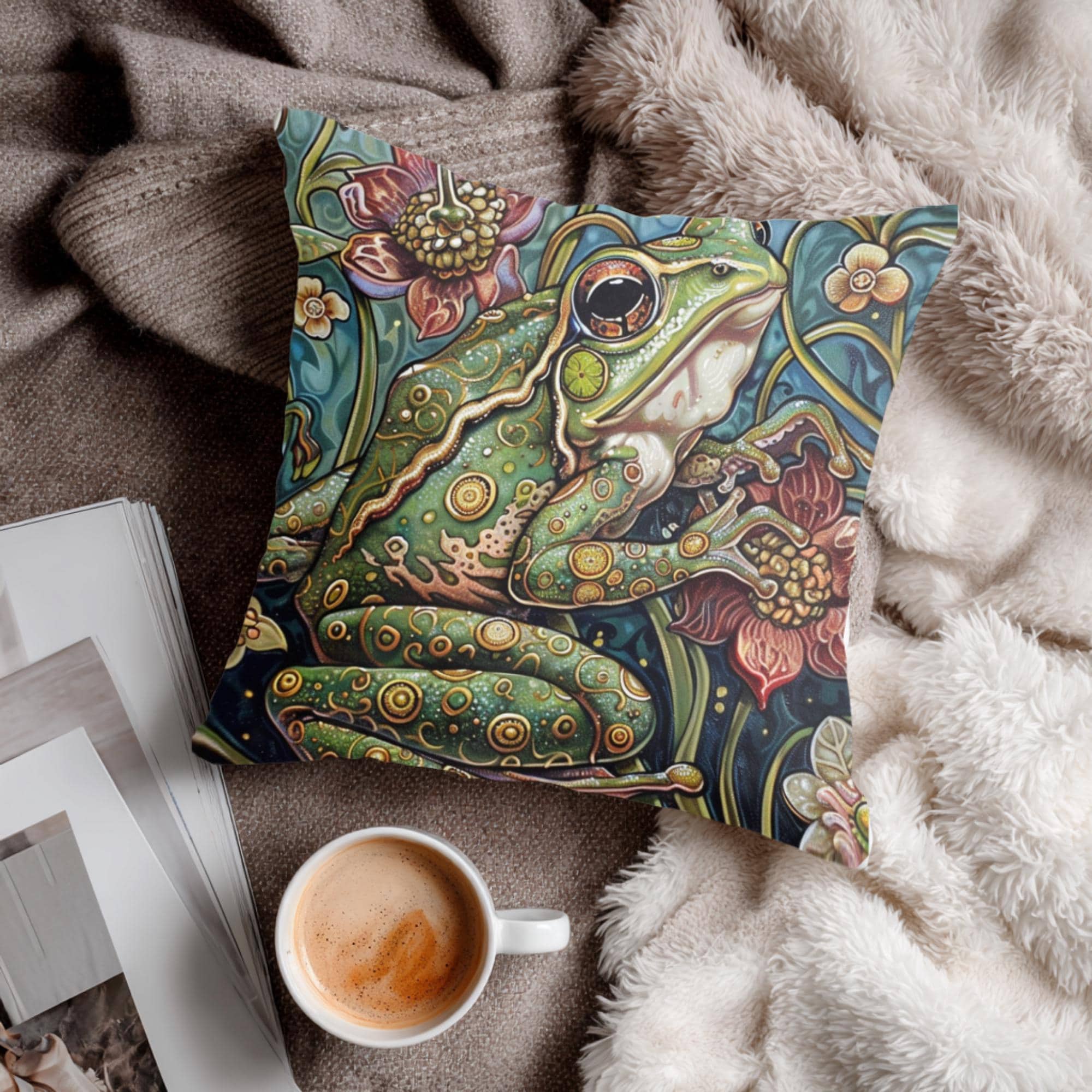 Whimsical Frog Pillow, Botanical Garden Cushion, Forest Nature Inspired Throw Pillow, William Morris Frog Pillowcase, Animal Couch Accent