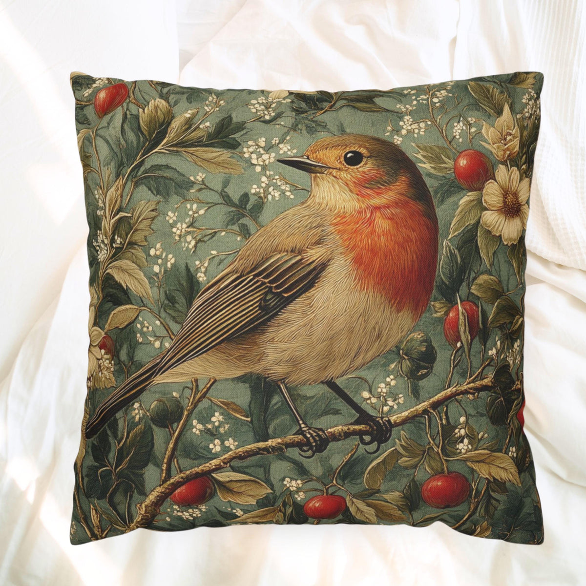 Vintage Robin Floral Pillow Cover, Victorian Bird Art Cushion, Cottagecore Home Decor, Rustic Botanical Throw Pillow, Nature Inspired Accent