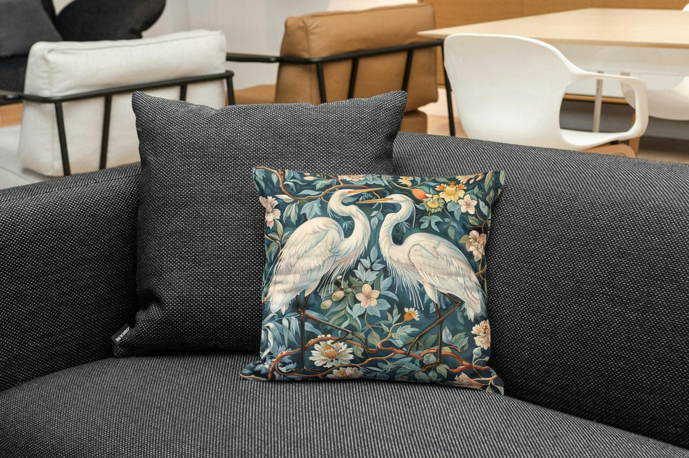 White Egrets William Morris Style Pillowcases, Classic Throw Pillow and Pillow Cover, Square Size Pillow, Living Room Decor, Morris Decor