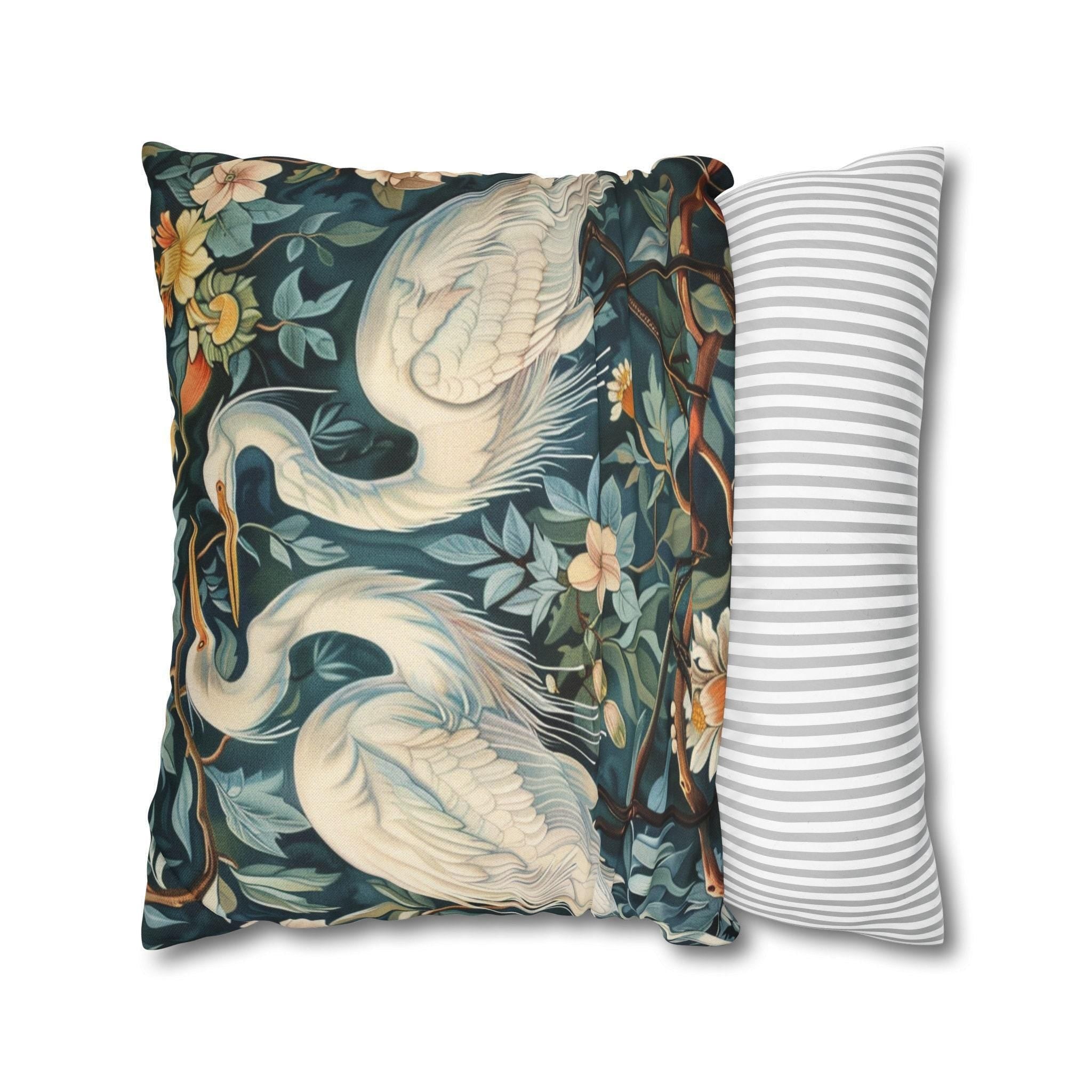 White Egrets William Morris Style Pillowcases, Classic Throw Pillow and Pillow Cover, Square Size Pillow, Living Room Decor, Morris Decor