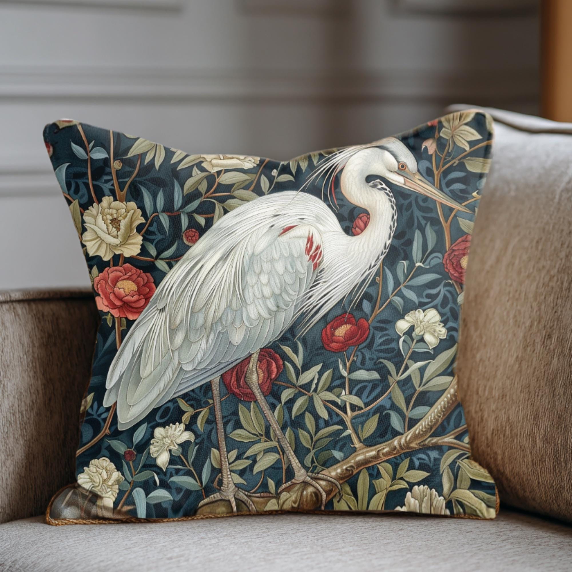 White Egret Floral Pillow, William Morris Bird Cushion, Vintage Botanical Throw Pillow, Nature Home Accent, Elegant Garden Pillowcase Gift