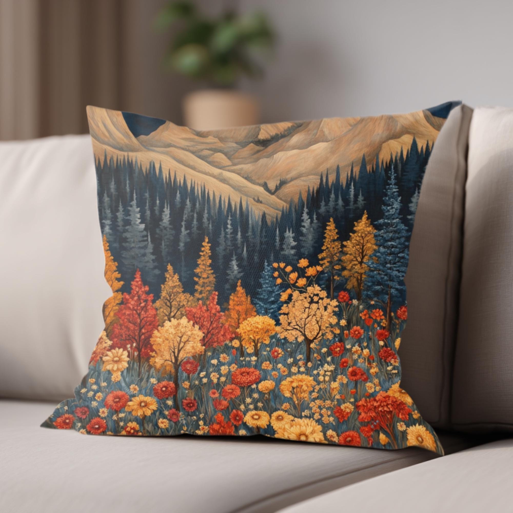Autumn Mountain Floral Pillow, William Morris Nature Cushion, Vintage Botanical Throw Pillow, Fall Pillowcase, Rustic Cottage Accent