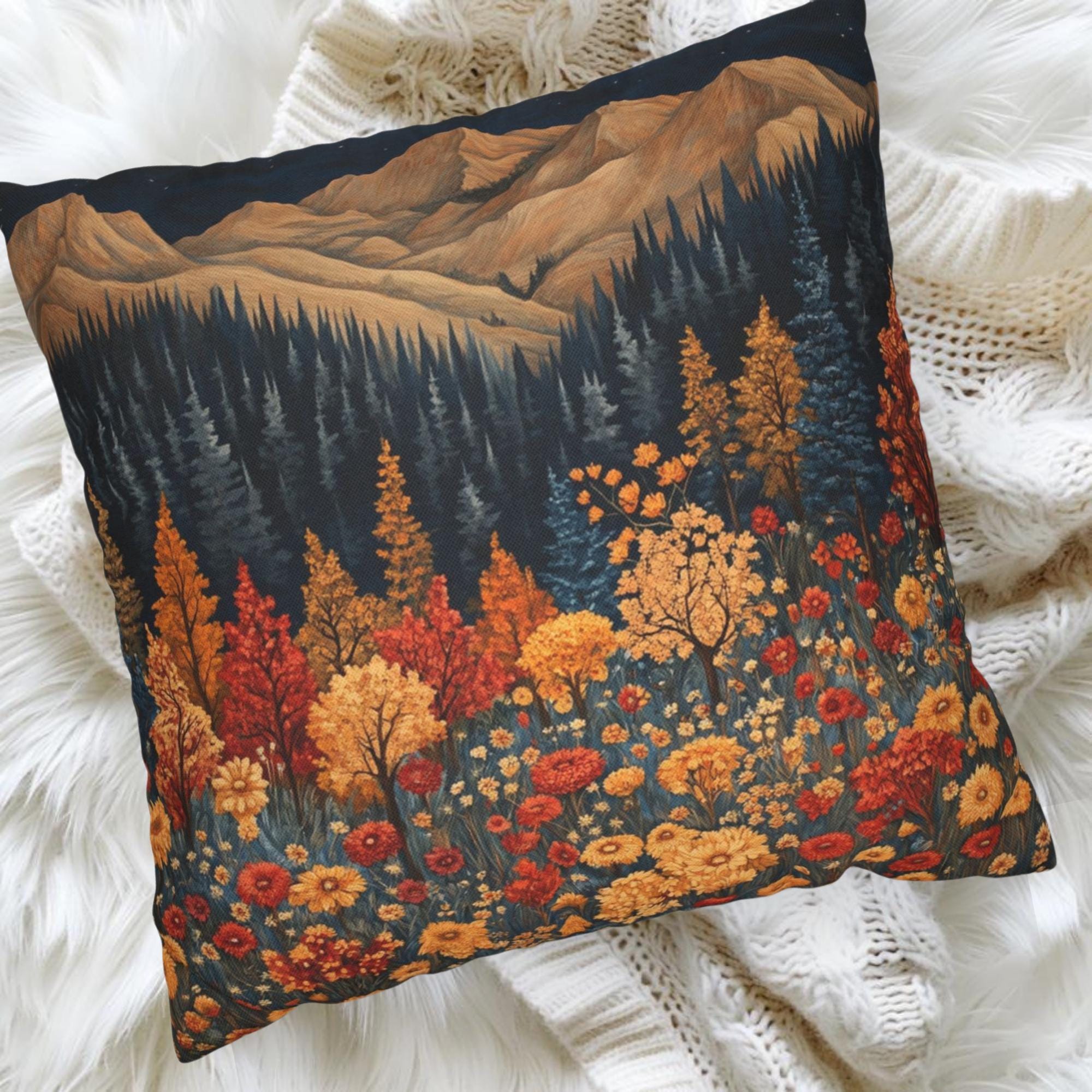 Autumn Mountain Floral Pillow, William Morris Nature Cushion, Vintage Botanical Throw Pillow, Fall Pillowcase, Rustic Cottage Accent