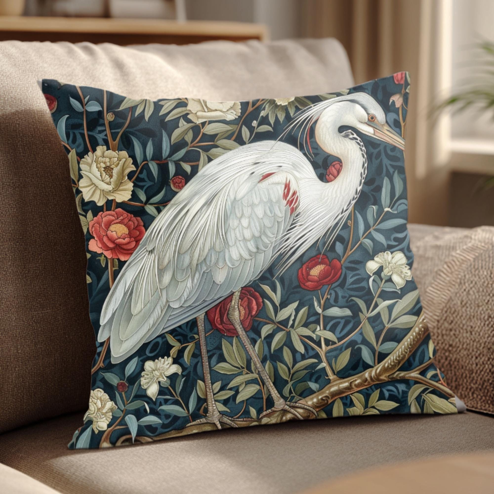 White Egret Floral Pillow, William Morris Bird Cushion, Vintage Botanical Throw Pillow, Nature Home Accent, Elegant Garden Pillowcase Gift