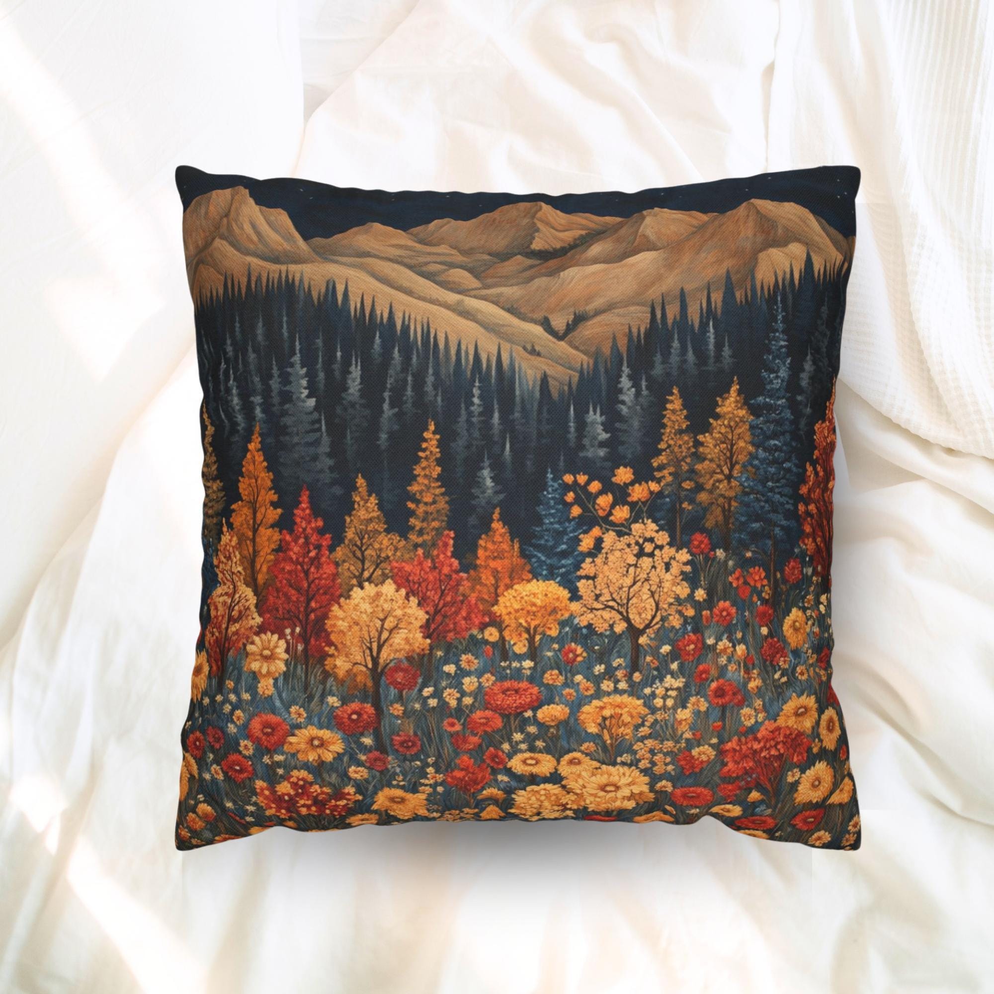 Autumn Mountain Floral Pillow, William Morris Nature Cushion, Vintage Botanical Throw Pillow, Fall Pillowcase, Rustic Cottage Accent