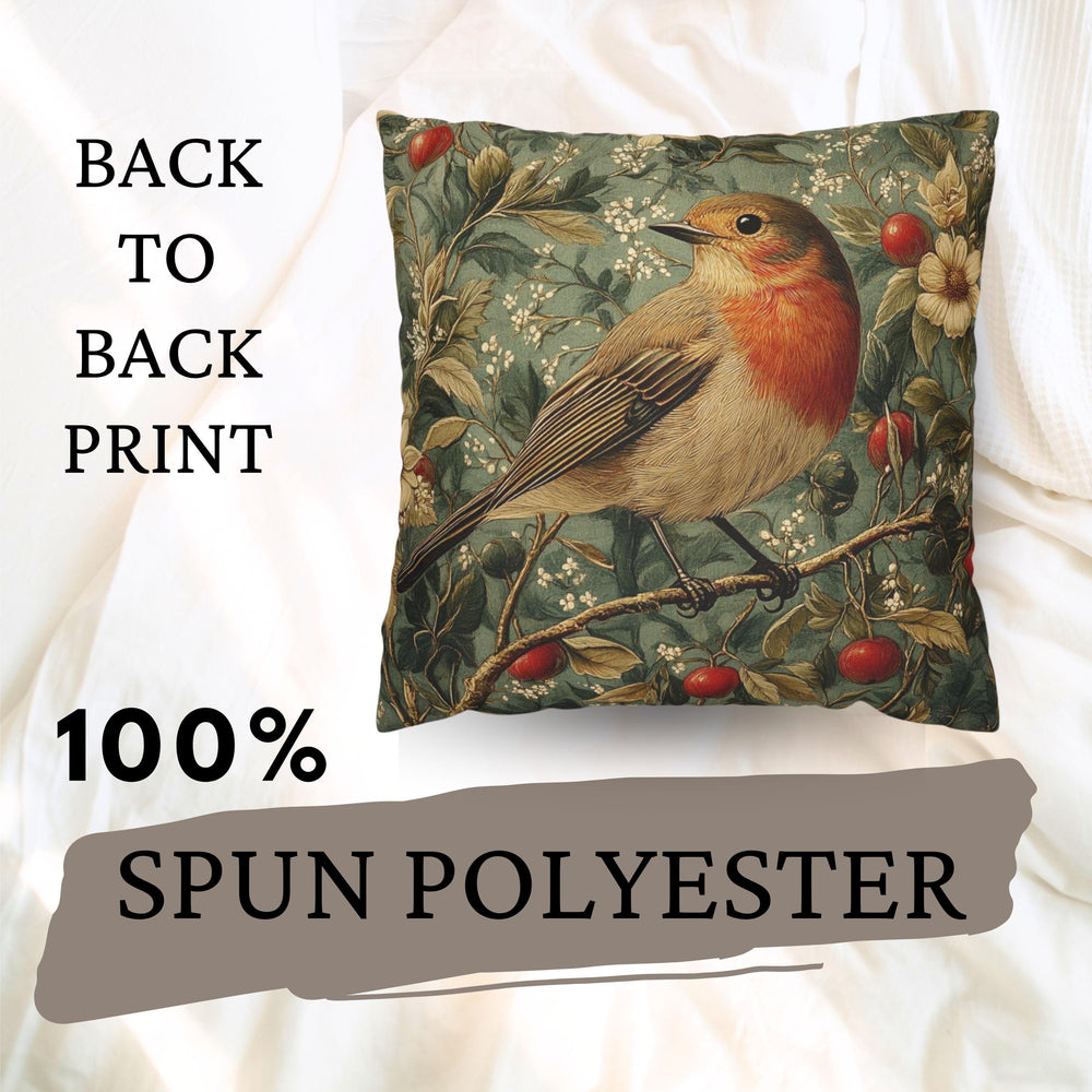 Vintage Robin Floral Pillow Cover, Victorian Bird Art Cushion, Cottagecore Home Decor, Rustic Botanical Throw Pillow, Nature Inspired Accent