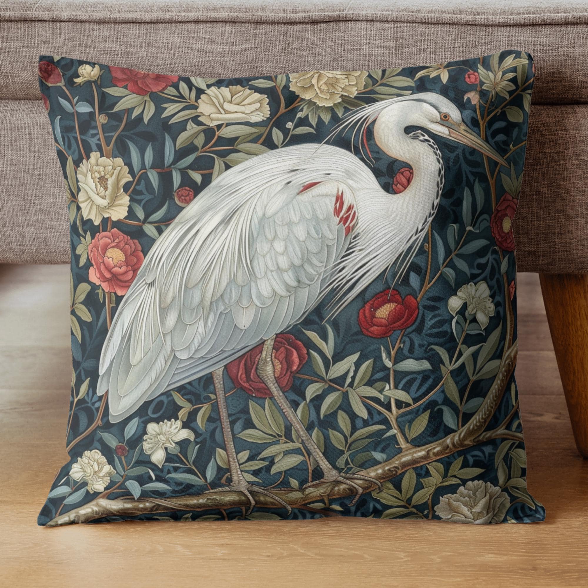 White Egret Floral Pillow, William Morris Bird Cushion, Vintage Botanical Throw Pillow, Nature Home Accent, Elegant Garden Pillowcase Gift