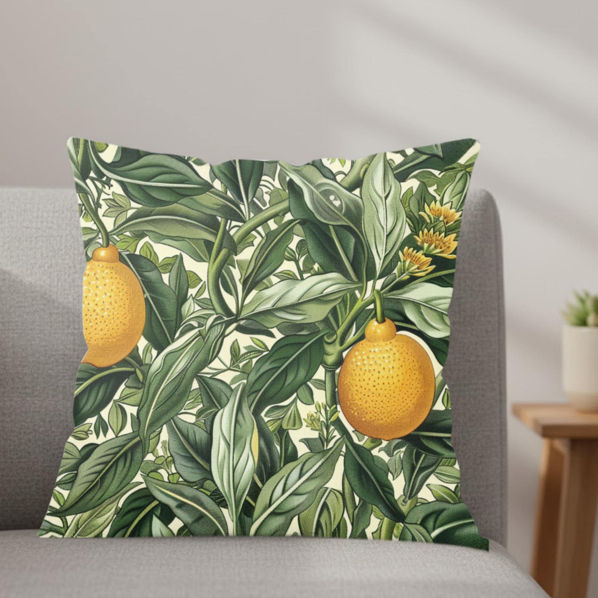 Lemon Grove Pillow, Vintage Botanical Citrus Cushion, William Morris Inspired Throw Pillow, Kitchen Garden Accent, Green Leaf Pillowcase