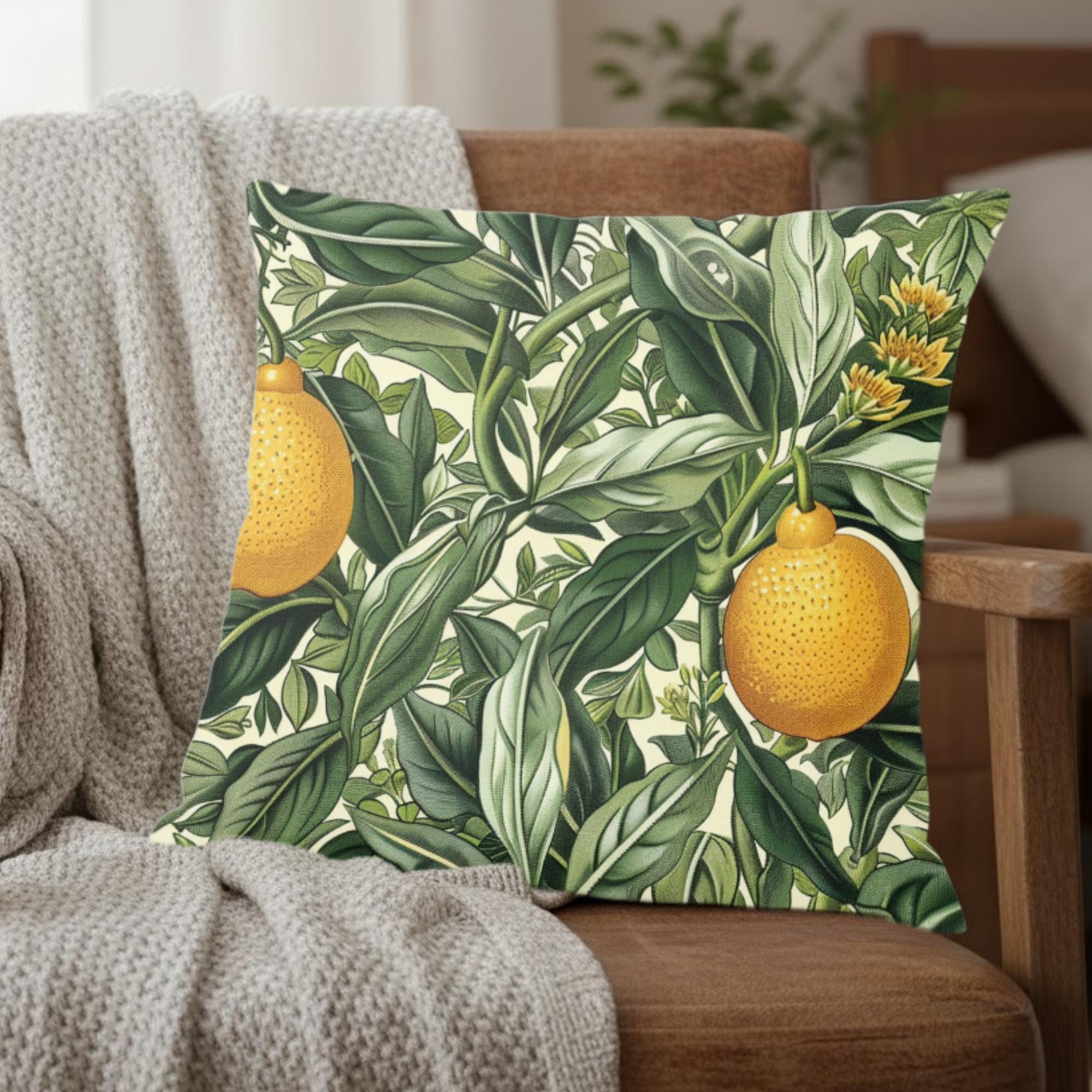 Lemon Grove Pillow, Vintage Botanical Citrus Cushion, William Morris Inspired Throw Pillow, Kitchen Garden Accent, Green Leaf Pillowcase