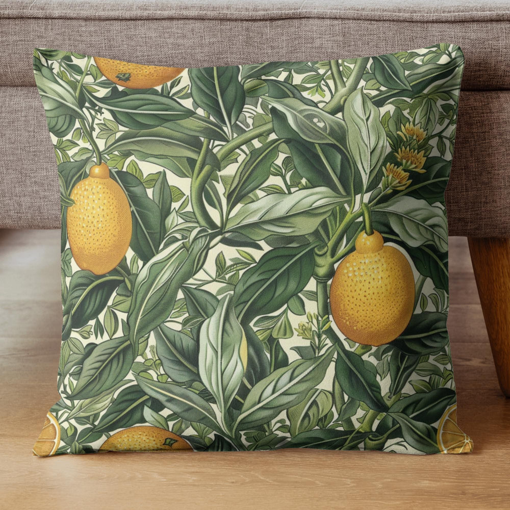 Lemon Grove Pillow, Vintage Botanical Citrus Cushion, William Morris Inspired Throw Pillow, Kitchen Garden Accent, Green Leaf Pillowcase