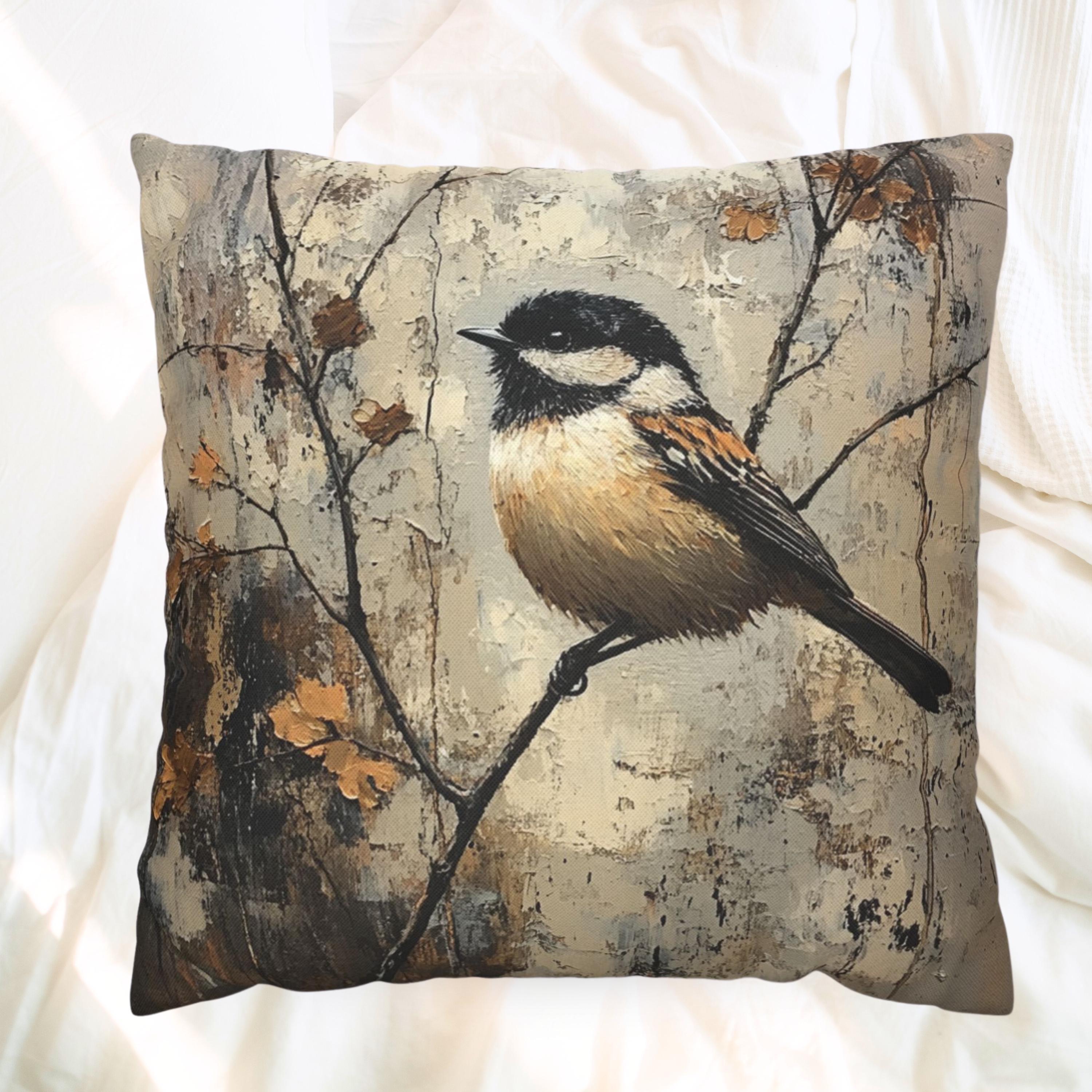 Rustic Chickadee Accent Pillow, Vintage Autumn Bird Decor, Nature Inspired Cushion Cover, Cozy Woodland Throw Pillow, Farmhouse Home Accent