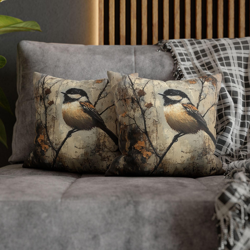 Rustic Chickadee Accent Pillow, Vintage Autumn Bird Decor, Nature Inspired Cushion Cover, Cozy Woodland Throw Pillow, Farmhouse Home Accent