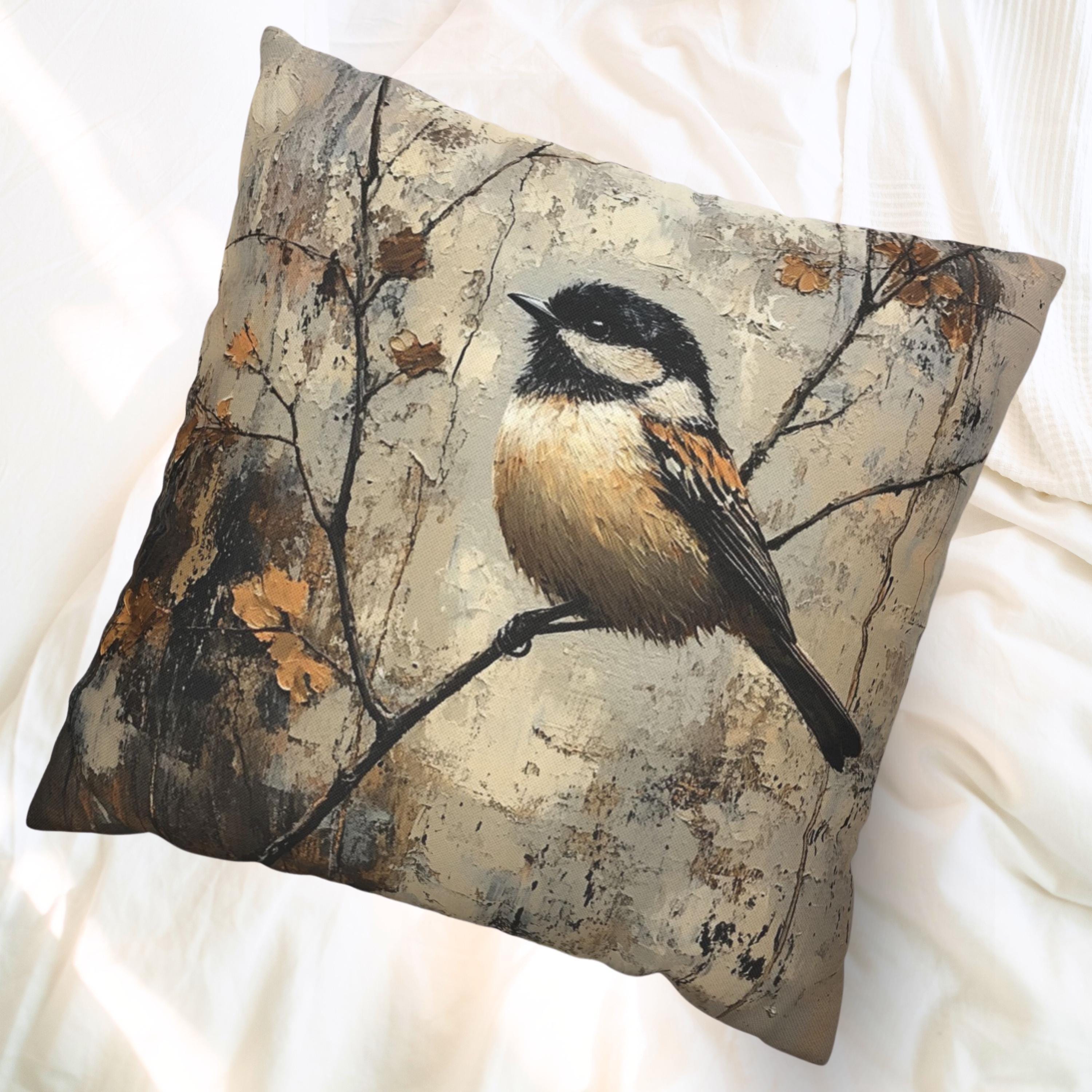 Rustic Chickadee Accent Pillow, Vintage Autumn Bird Decor, Nature Inspired Cushion Cover, Cozy Woodland Throw Pillow, Farmhouse Home Accent