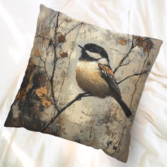 Rustic Chickadee Accent Pillow, Vintage Autumn Bird Decor, Nature Inspired Cushion Cover, Cozy Woodland Throw Pillow, Farmhouse Home Accent