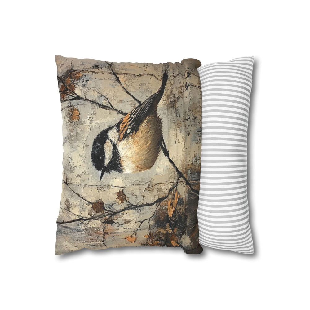 Rustic Chickadee Accent Pillow, Vintage Autumn Bird Decor, Nature Inspired Cushion Cover, Cozy Woodland Throw Pillow, Farmhouse Home Accent