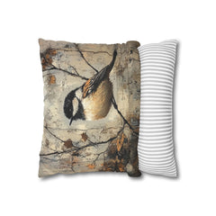Rustic Chickadee Accent Pillow, Vintage Autumn Bird Decor, Nature Inspired Cushion Cover, Cozy Woodland Throw Pillow, Farmhouse Home Accent
