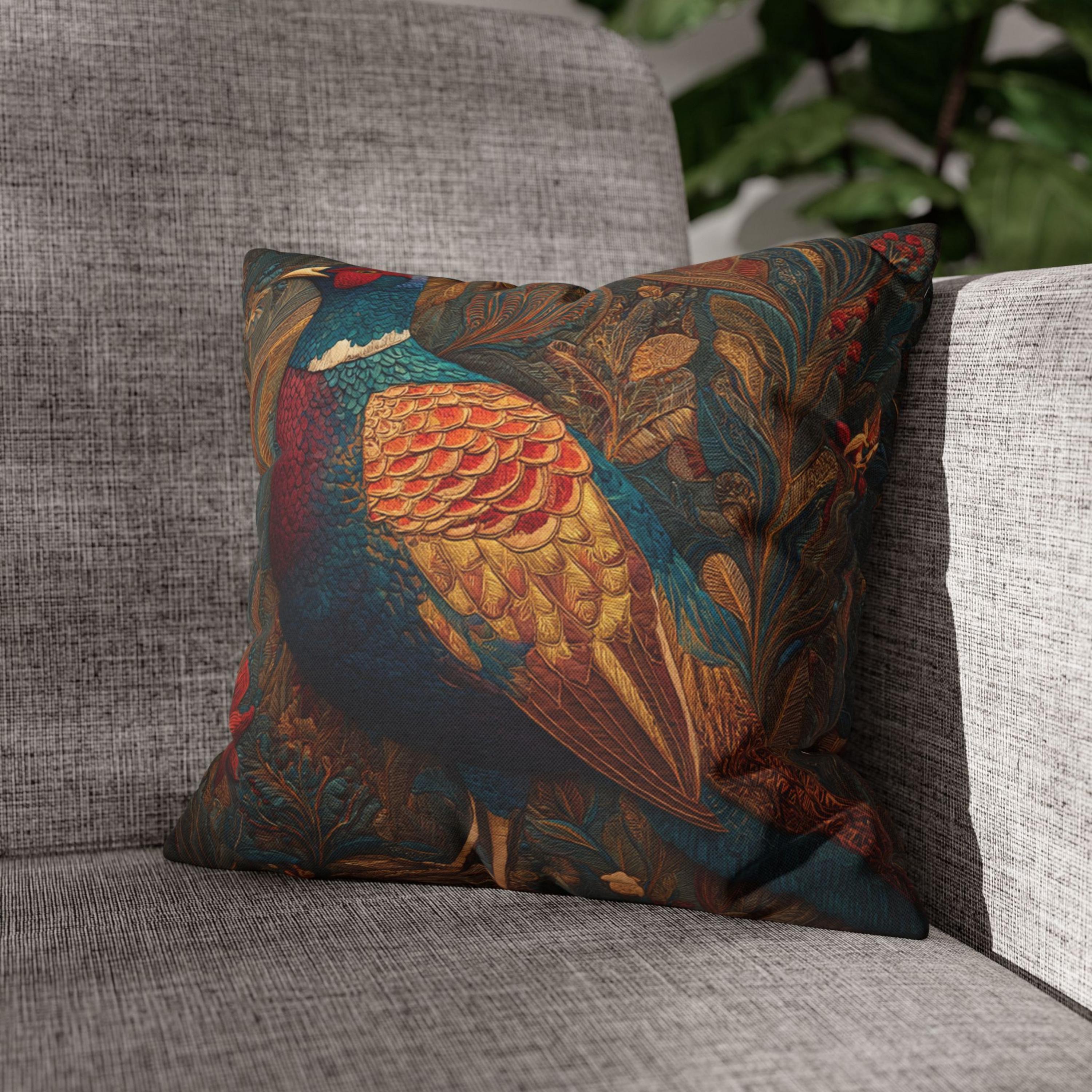Batik Pheasant Pillow, Colorful Bird Cushion Cover, Ornate Folk Art Throw Pillow, Vibrant Animal Home Decor, Boho Wildlife Accent