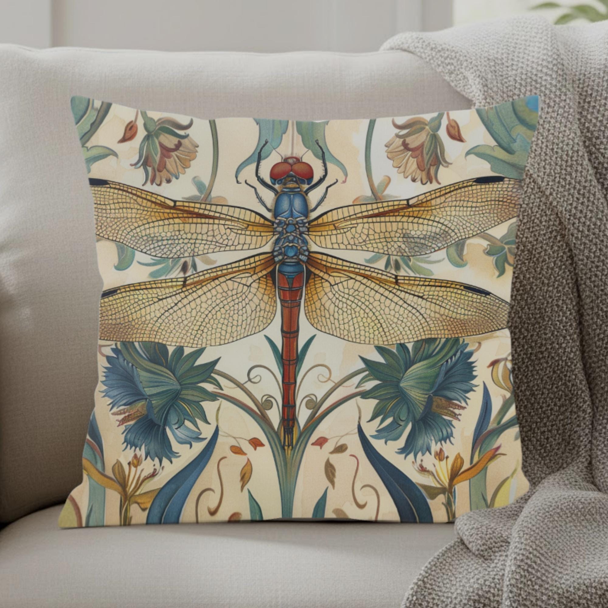 Dragonfly Pillow, Art Nouveau Botanical Cushion, William Morris Inspired Throw Pillow, Elegant Garden Couch Accent, Golden Insect Pillowcase