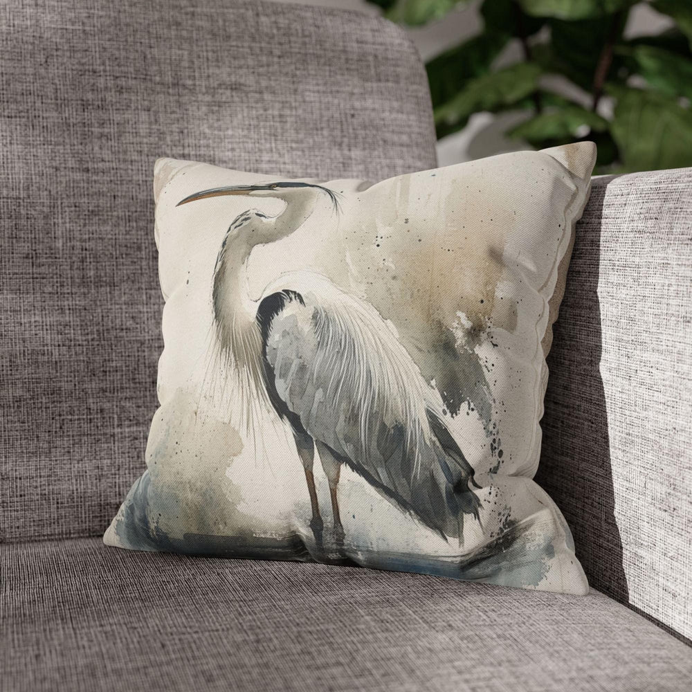 Watercolor Heron Pillow, Neutral Coastal Bird Cushion, Nature-Inspired Throw Pillow, Tranquil Lakeside Pillowcase, Minimalist Couch Accent