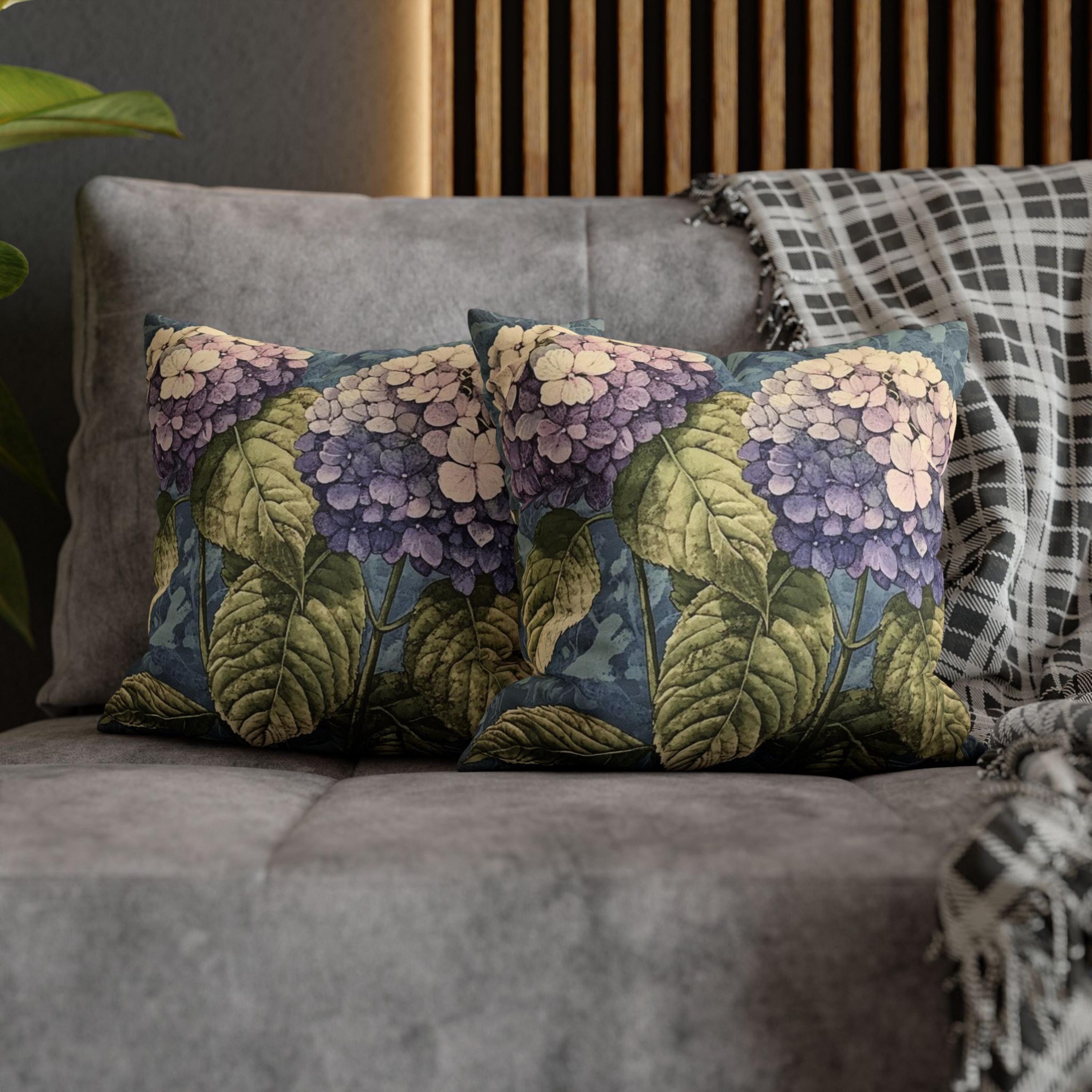 Purple Hydrangea Pillow, Vintage Garden Flower Cushion, Botanical Bloom Throw Pillow, Rustic Floral Nature Pillowcase, Cottagecore Decor