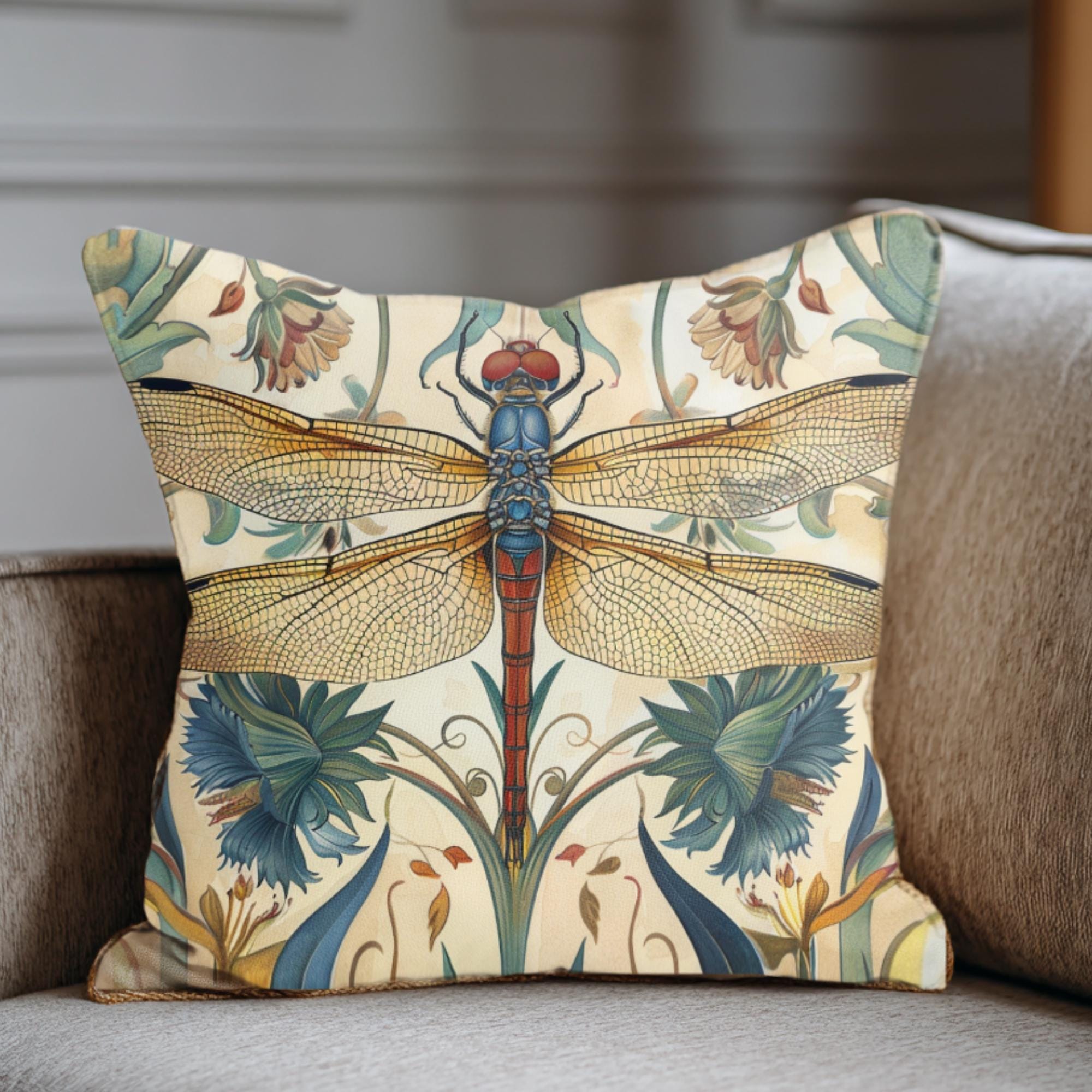 Dragonfly Pillow, Art Nouveau Botanical Cushion, William Morris Inspired Throw Pillow, Elegant Garden Couch Accent, Golden Insect Pillowcase