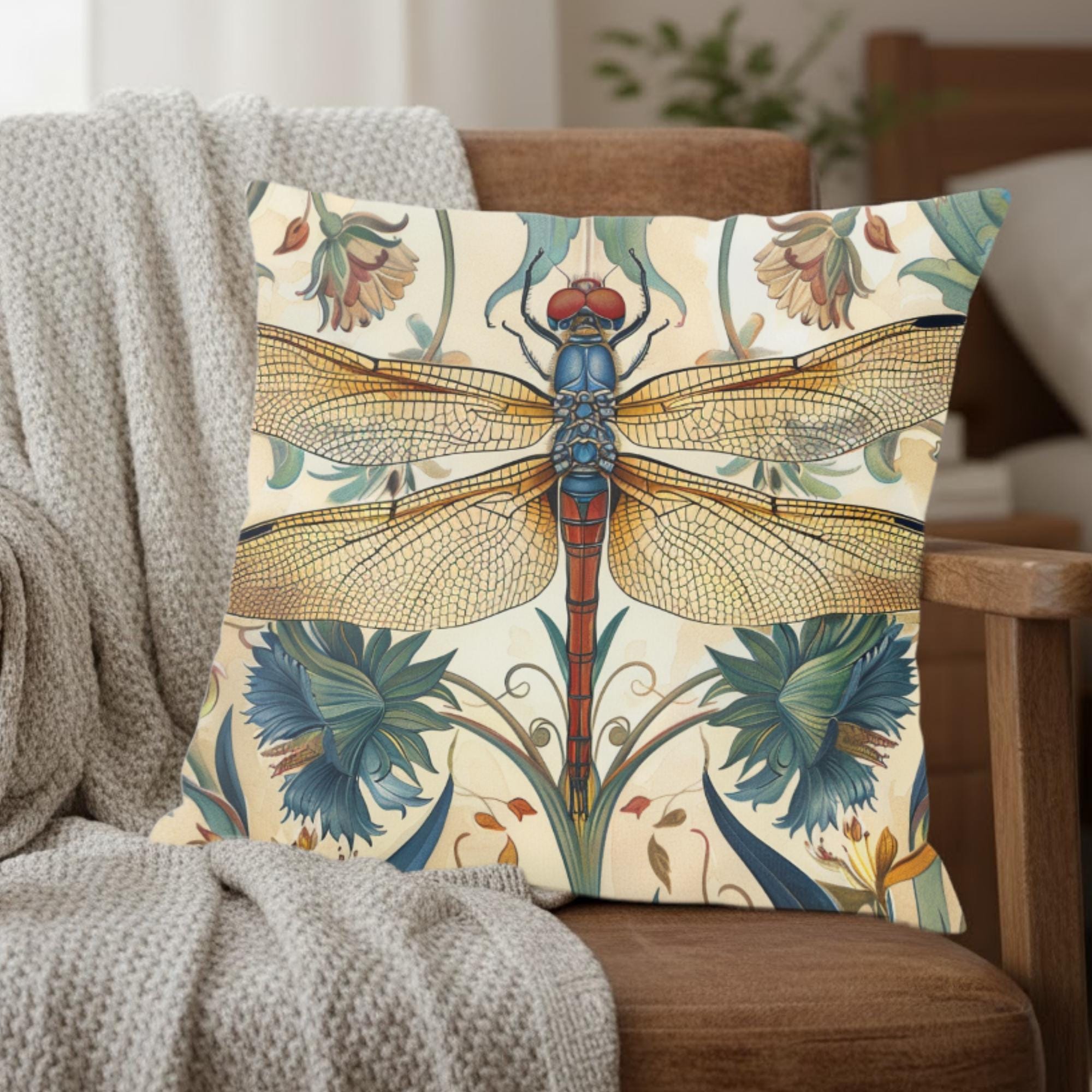 Dragonfly Pillow, Art Nouveau Botanical Cushion, William Morris Inspired Throw Pillow, Elegant Garden Couch Accent, Golden Insect Pillowcase
