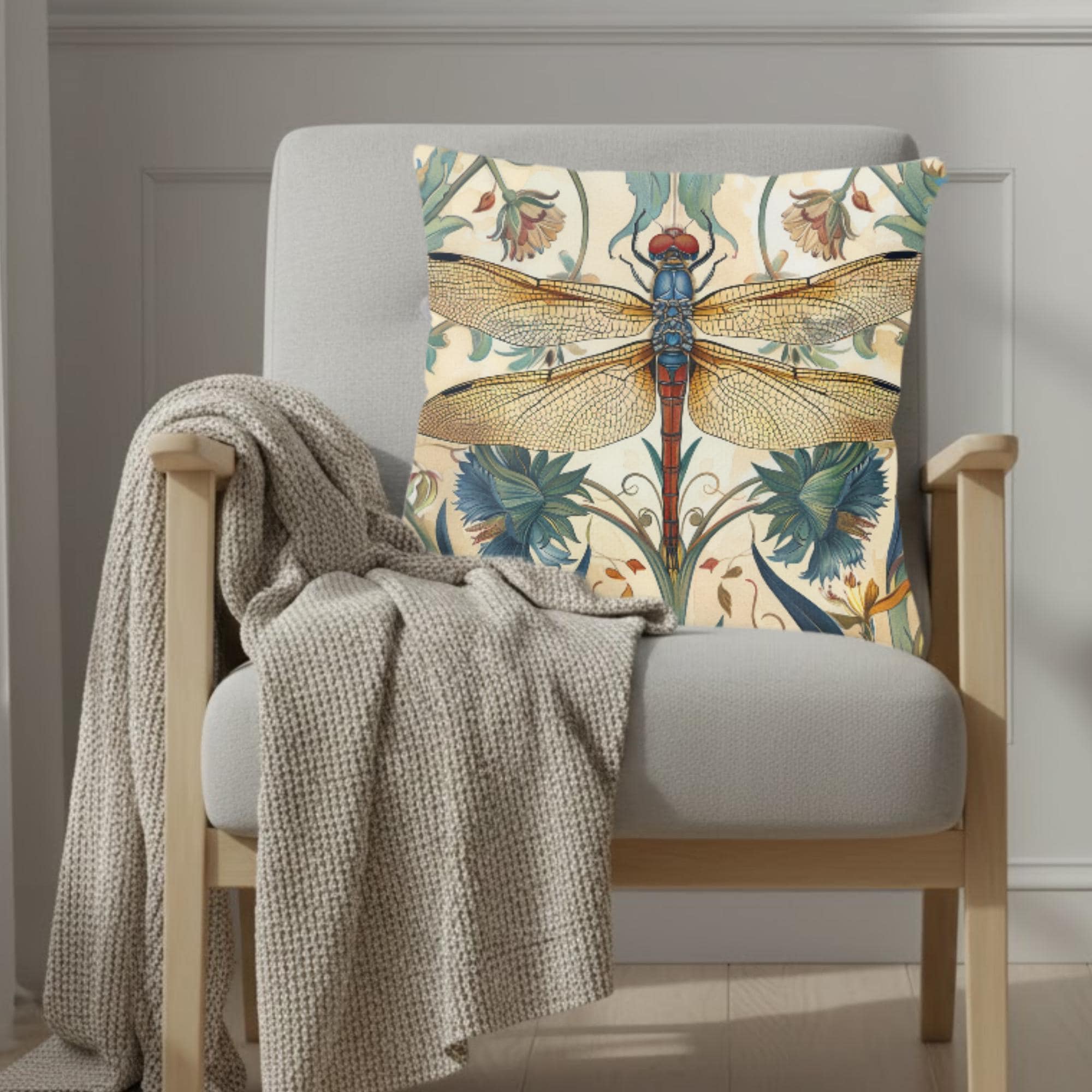 Dragonfly Pillow, Art Nouveau Botanical Cushion, William Morris Inspired Throw Pillow, Elegant Garden Couch Accent, Golden Insect Pillowcase