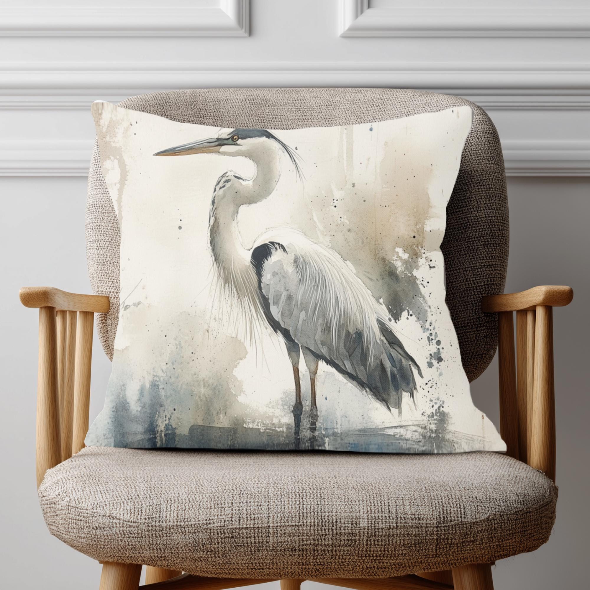 Watercolor Heron Pillow, Neutral Coastal Bird Cushion, Nature-Inspired Throw Pillow, Tranquil Lakeside Pillowcase, Minimalist Couch Accent