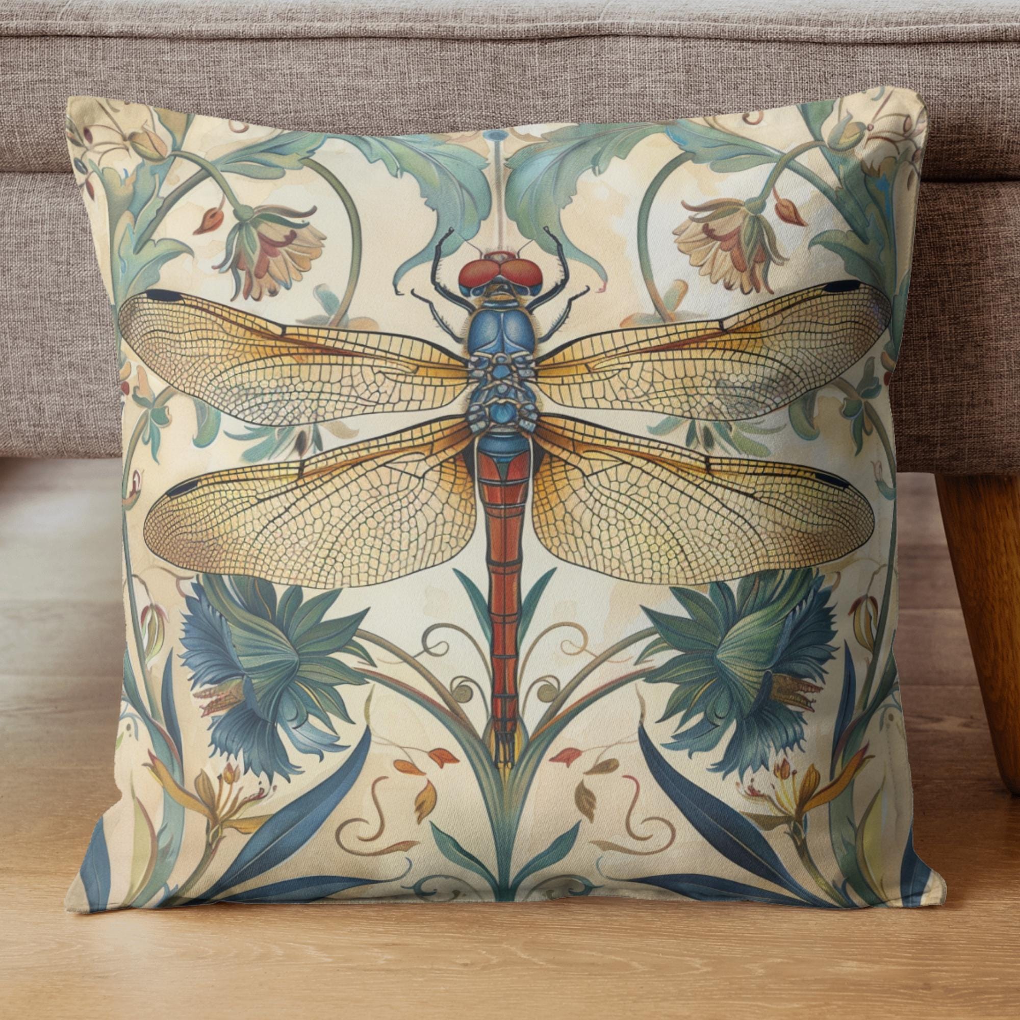 Dragonfly Pillow, Art Nouveau Botanical Cushion, William Morris Inspired Throw Pillow, Elegant Garden Couch Accent, Golden Insect Pillowcase