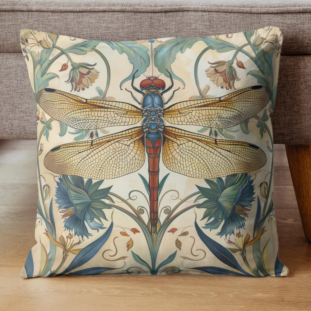 Dragonfly Pillow, Art Nouveau Botanical Cushion, William Morris Inspired Throw Pillow, Elegant Garden Couch Accent, Golden Insect Pillowcase
