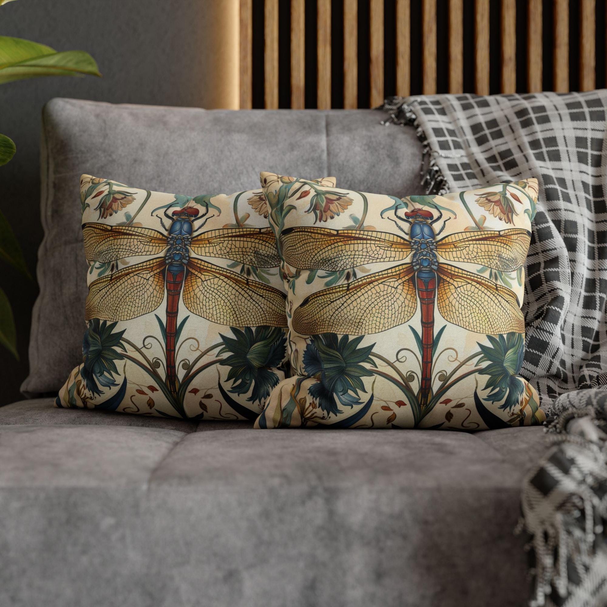 Dragonfly Pillow, Art Nouveau Botanical Cushion, William Morris Inspired Throw Pillow, Elegant Garden Couch Accent, Golden Insect Pillowcase