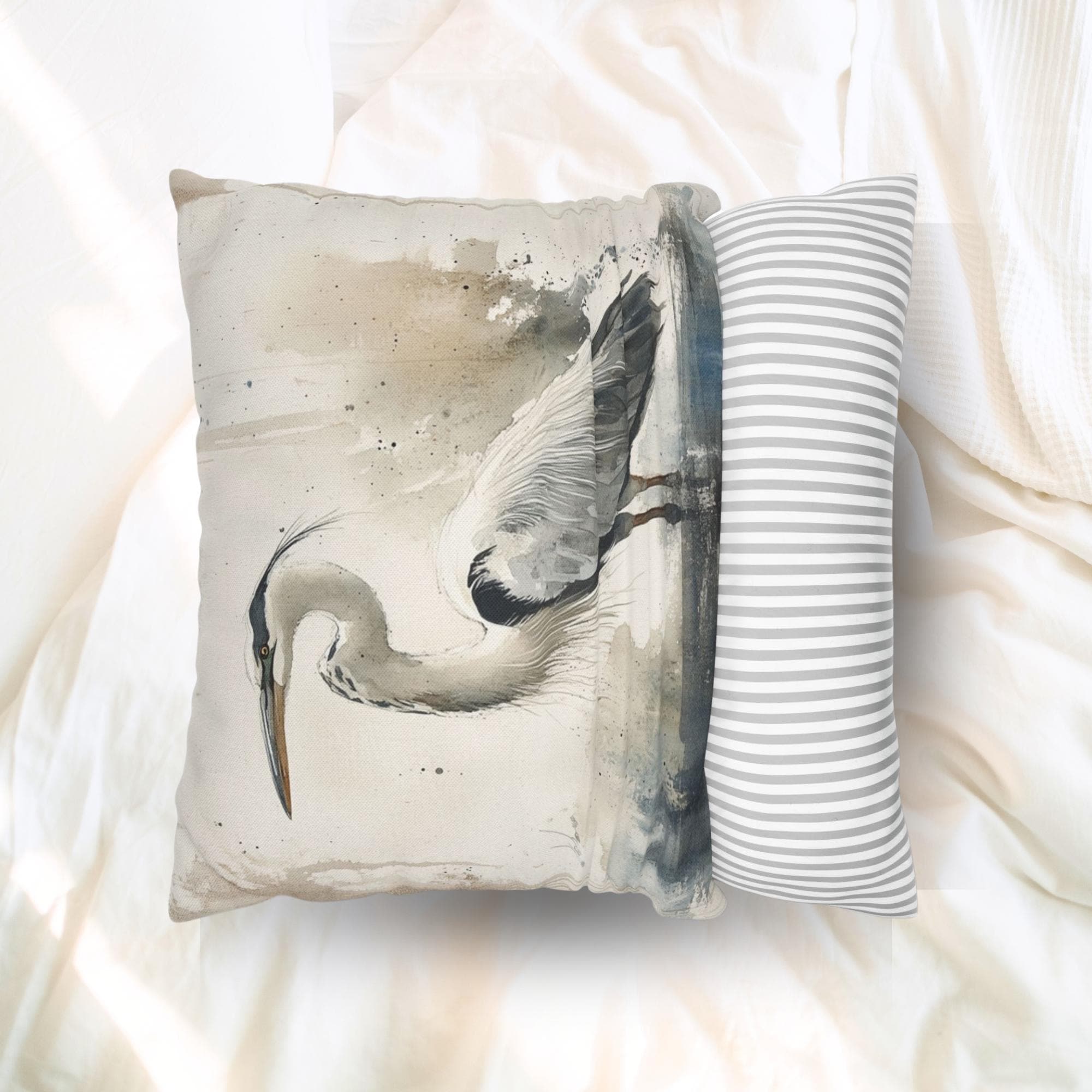 Watercolor Heron Pillow, Neutral Coastal Bird Cushion, Nature-Inspired Throw Pillow, Tranquil Lakeside Pillowcase, Minimalist Couch Accent