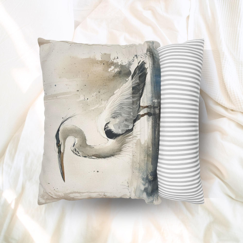 Watercolor Heron Pillow, Neutral Coastal Bird Cushion, Nature-Inspired Throw Pillow, Tranquil Lakeside Pillowcase, Minimalist Couch Accent