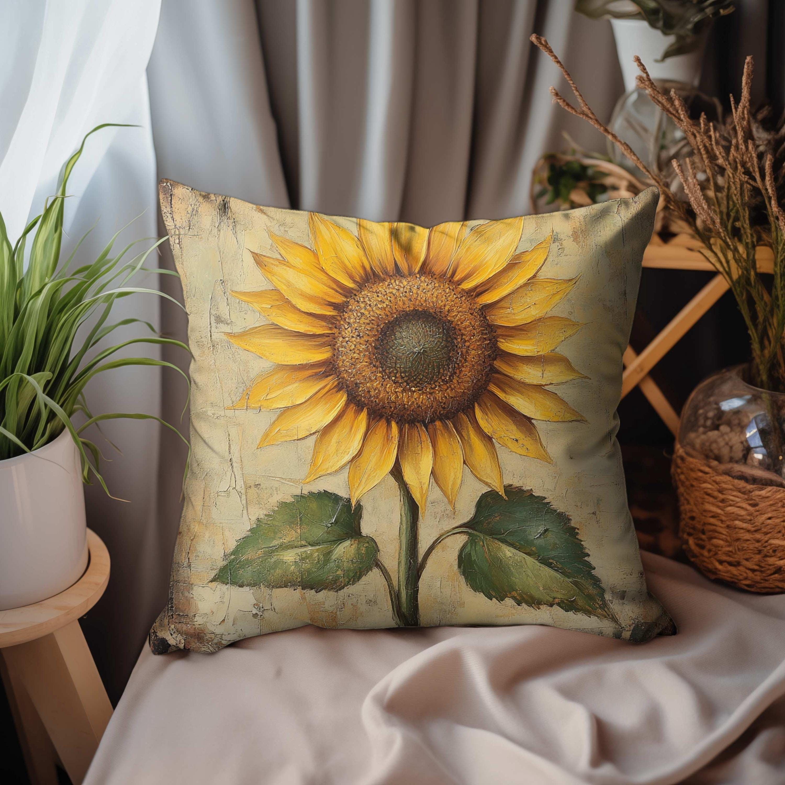 Sunflower Throw Pillow, Vintage Floral Cushion, Rustic Yellow Flower Accent Decor, Double Sided Print Polyester Pillowcase