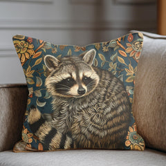 Raccoon Pillow, Woodland Botanical Cushion, William Morris Inspired Throw Pillow, Forest Nature Couch Accent, Vintage Raccoon Pillowcase