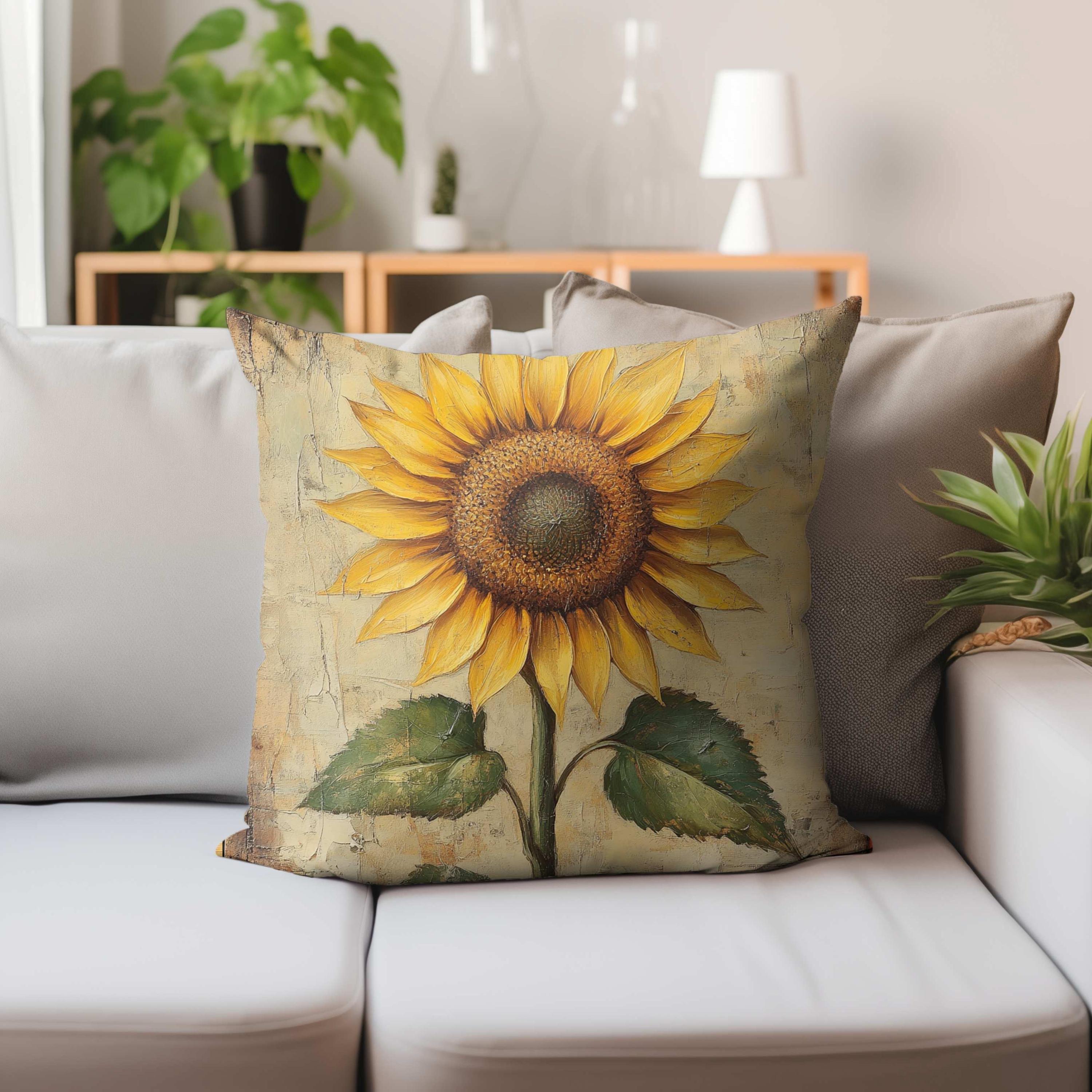 Sunflower Throw Pillow, Vintage Floral Cushion, Rustic Yellow Flower Accent Decor, Double Sided Print Polyester Pillowcase