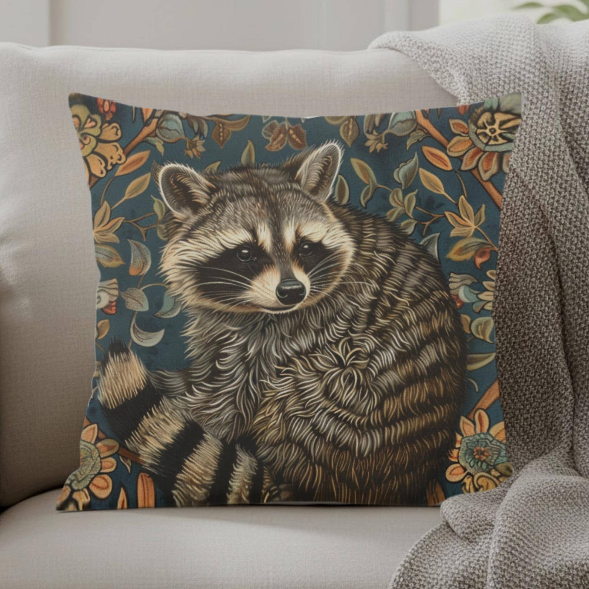 Raccoon Pillow, Woodland Botanical Cushion, William Morris Inspired Throw Pillow, Forest Nature Couch Accent, Vintage Raccoon Pillowcase