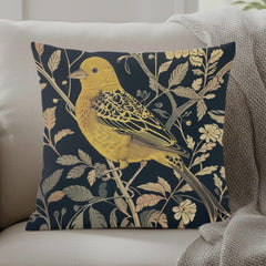 Golden Finch Pillow, William Morris Inspired Floral Cushion, Vintage Bird Throw Pillow, Elegant Nature Couch Accent, Botanical Pillowcase