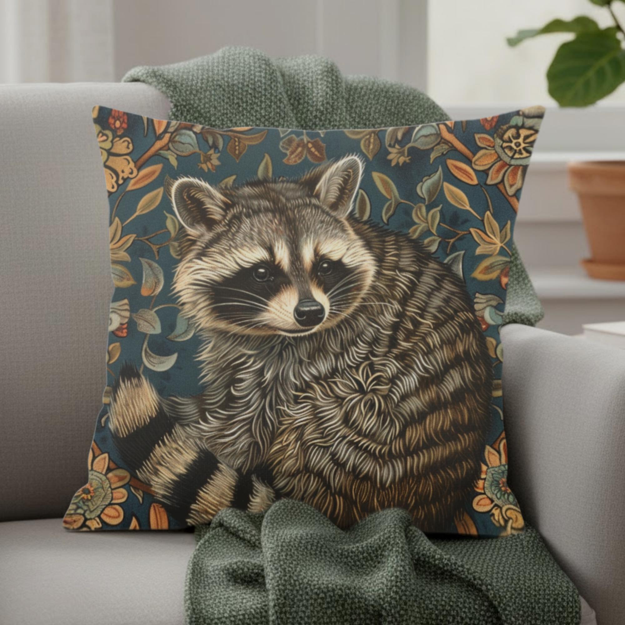 Raccoon Pillow, Woodland Botanical Cushion, William Morris Inspired Throw Pillow, Forest Nature Couch Accent, Vintage Raccoon Pillowcase