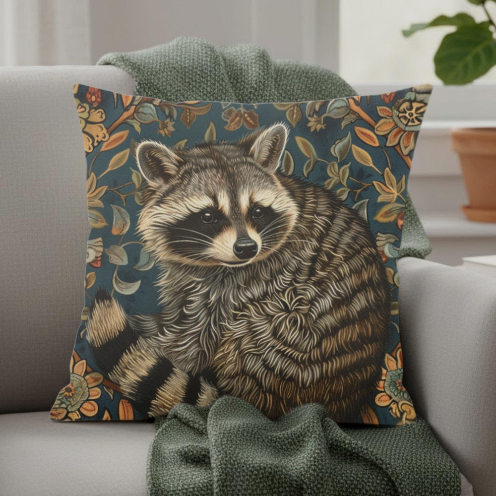 Raccoon Pillow, Woodland Botanical Cushion, William Morris Inspired Throw Pillow, Forest Nature Couch Accent, Vintage Raccoon Pillowcase