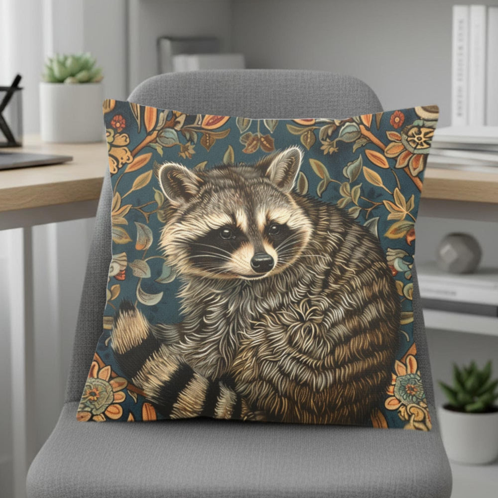 Raccoon Pillow, Woodland Botanical Cushion, William Morris Inspired Throw Pillow, Forest Nature Couch Accent, Vintage Raccoon Pillowcase
