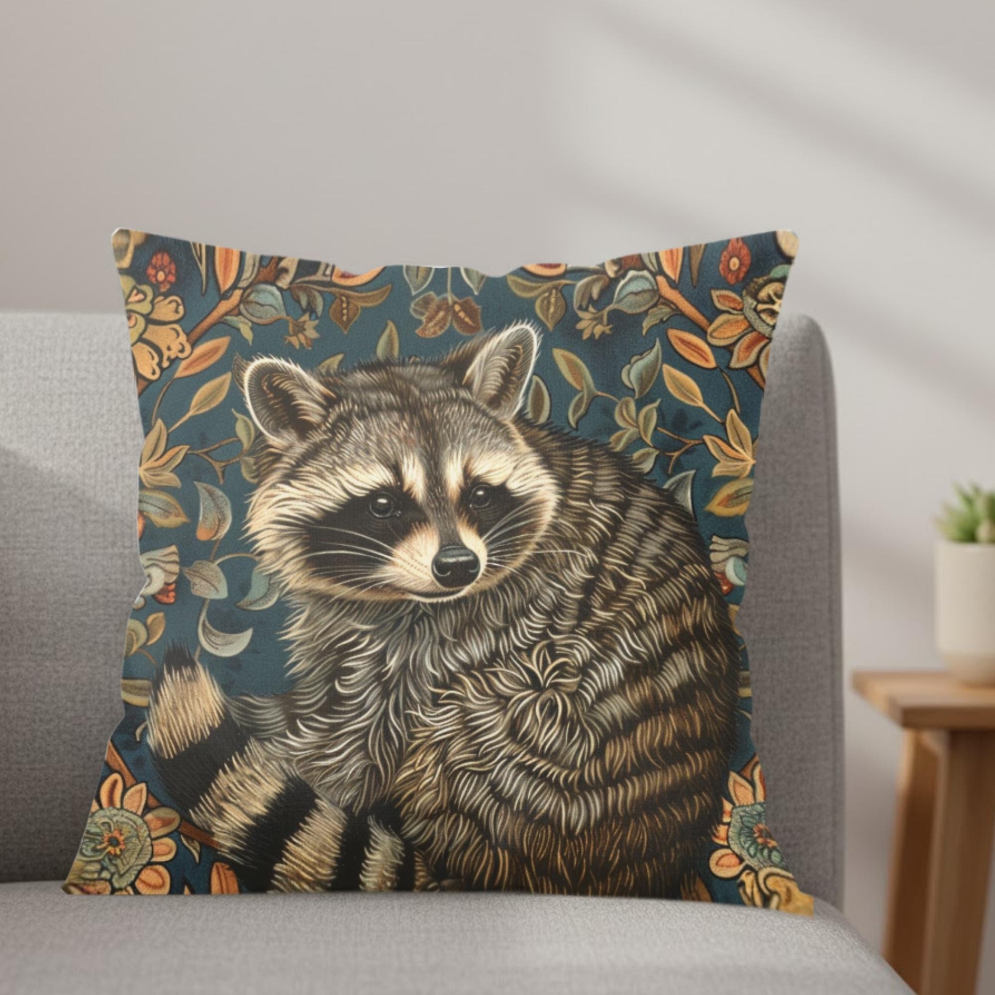 Raccoon Pillow, Woodland Botanical Cushion, William Morris Inspired Throw Pillow, Forest Nature Couch Accent, Vintage Raccoon Pillowcase