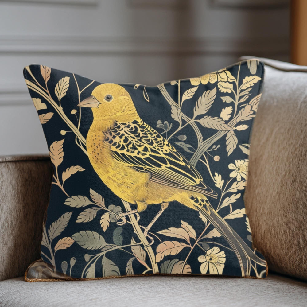 Golden Finch Pillow, William Morris Inspired Floral Cushion, Vintage Bird Throw Pillow, Elegant Nature Couch Accent, Botanical Pillowcase