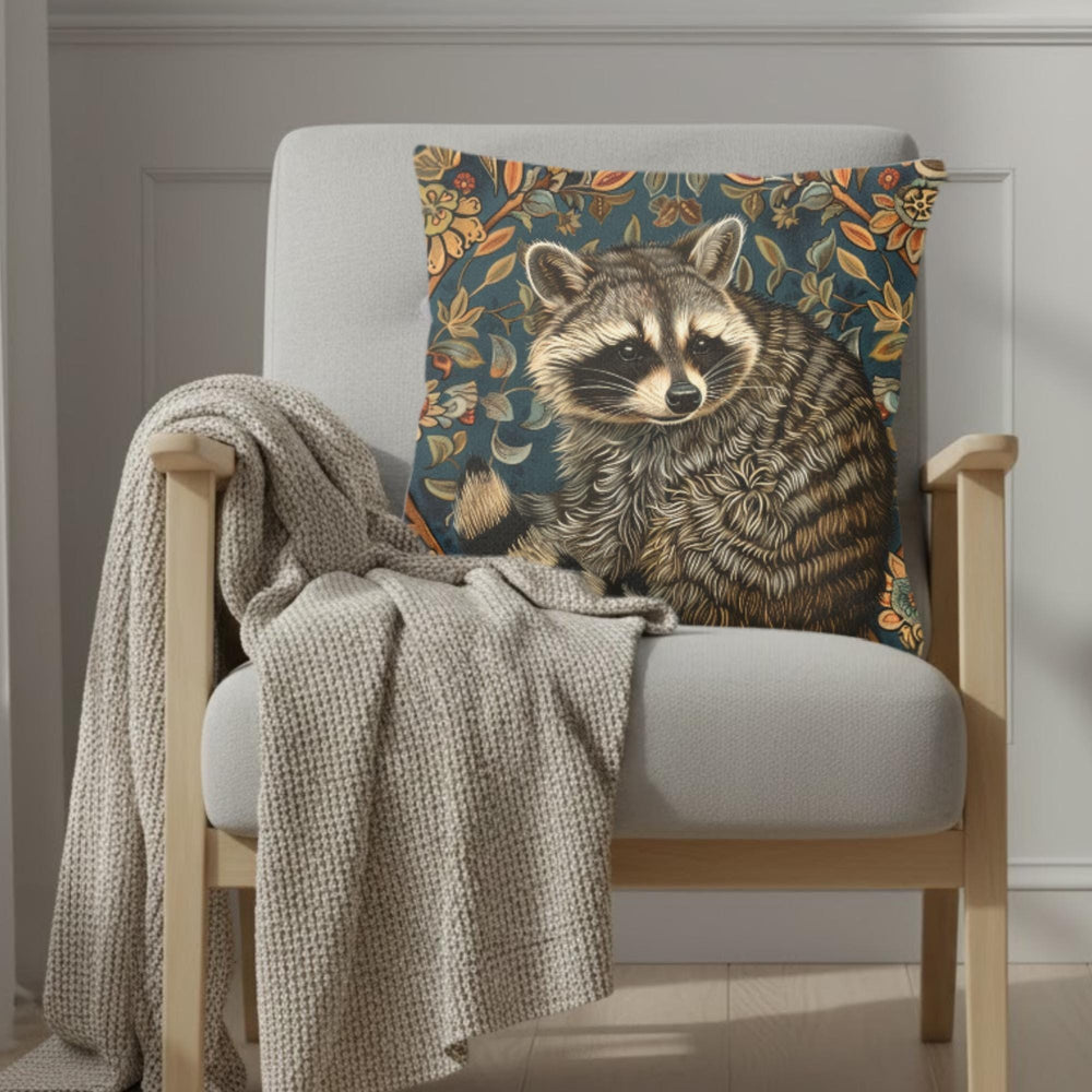 Raccoon Pillow, Woodland Botanical Cushion, William Morris Inspired Throw Pillow, Forest Nature Couch Accent, Vintage Raccoon Pillowcase