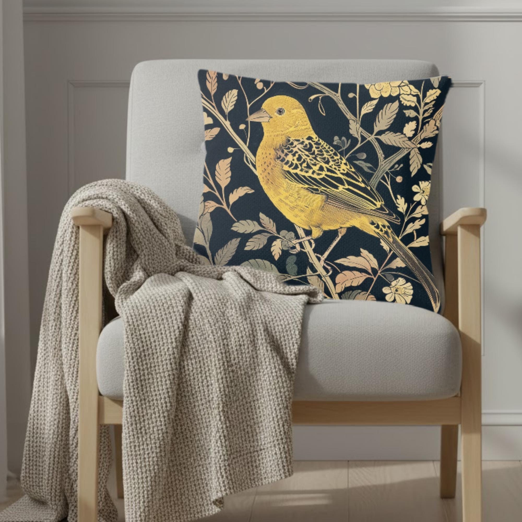 Golden Finch Pillow, William Morris Inspired Floral Cushion, Vintage Bird Throw Pillow, Elegant Nature Couch Accent, Botanical Pillowcase