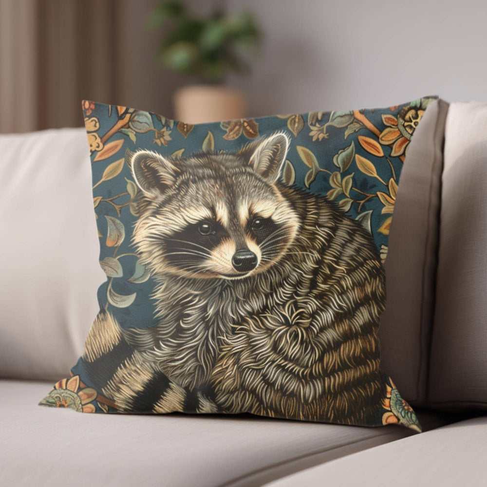 Raccoon Pillow, Woodland Botanical Cushion, William Morris Inspired Throw Pillow, Forest Nature Couch Accent, Vintage Raccoon Pillowcase