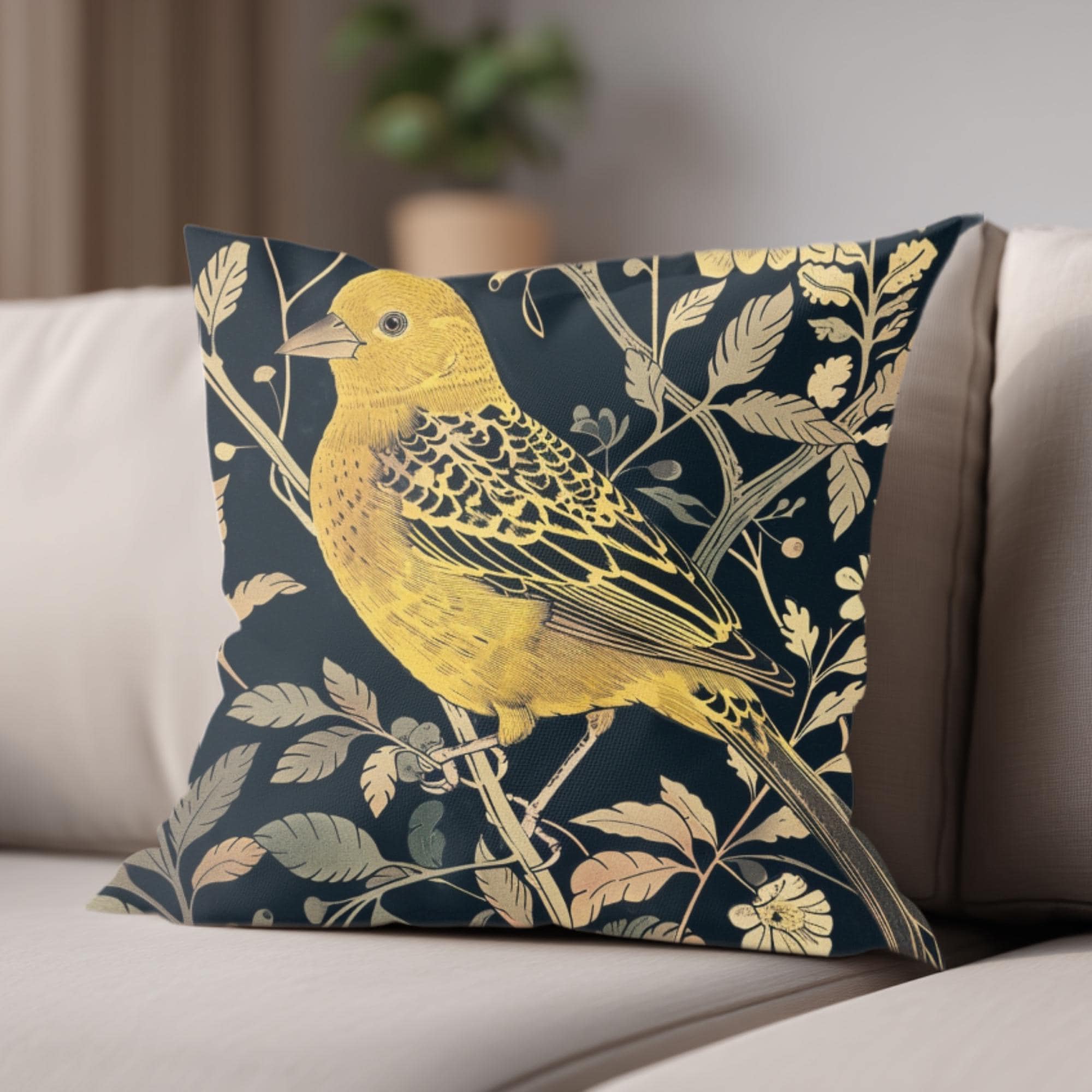 Golden Finch Pillow, William Morris Inspired Floral Cushion, Vintage Bird Throw Pillow, Elegant Nature Couch Accent, Botanical Pillowcase
